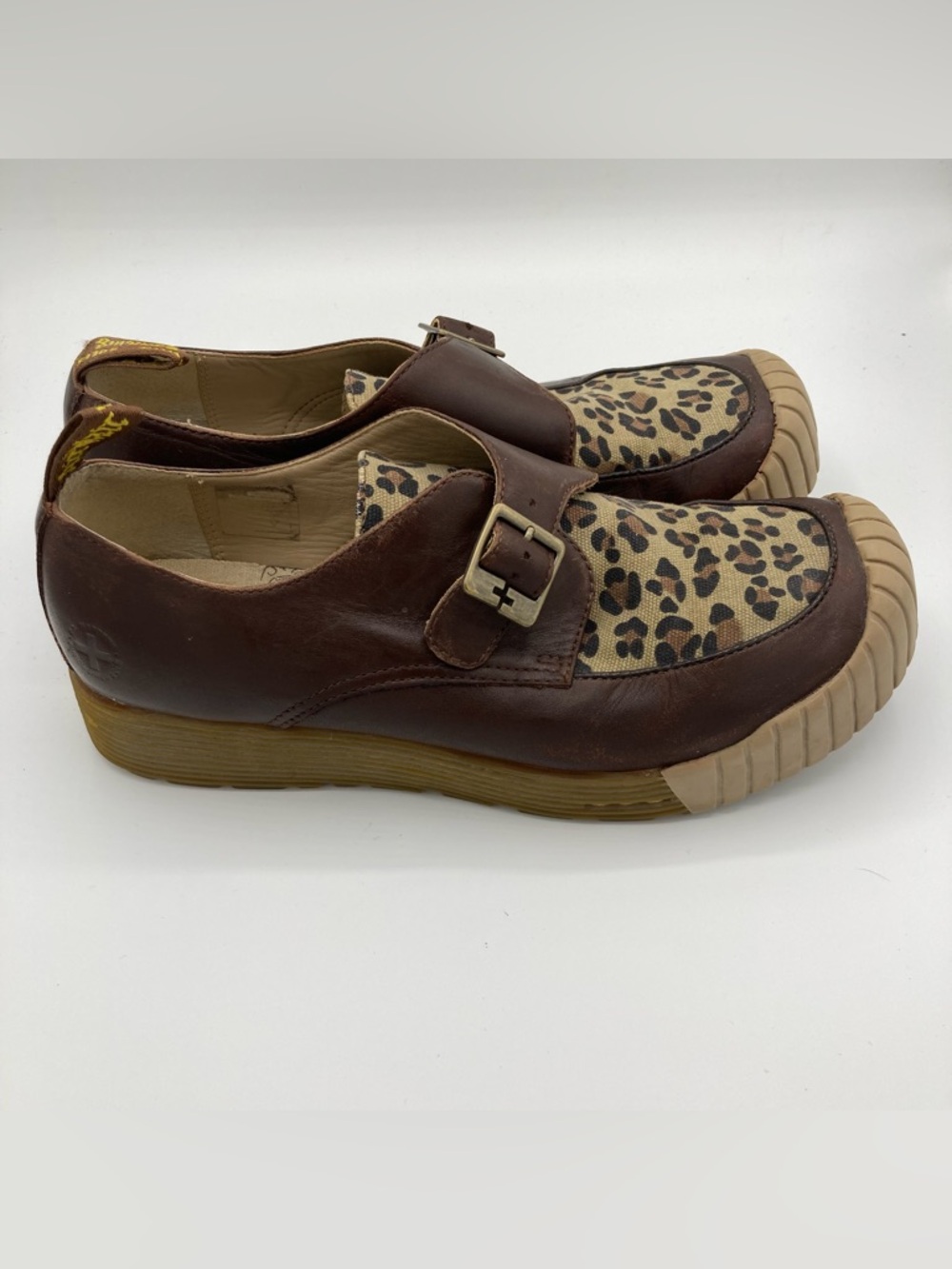Doc Martens Leopard Print Buckle Shoes Leather & Canvas Size 8 Vintage